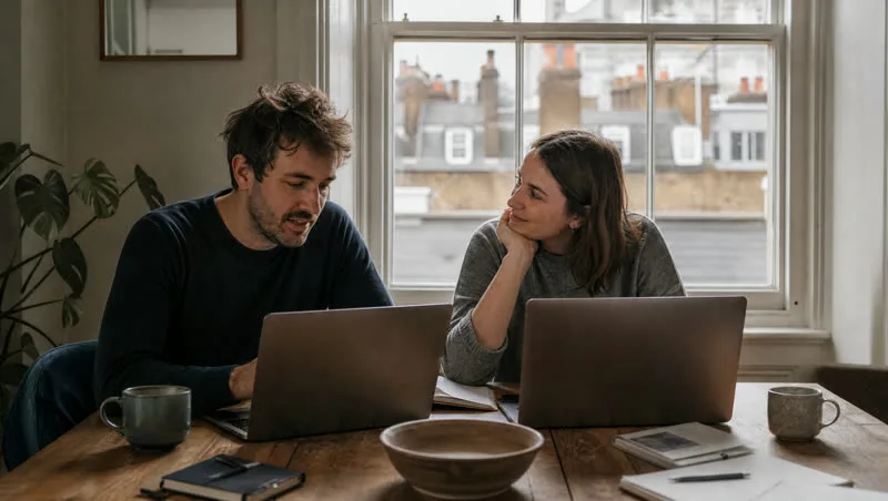 Two colleagues working on laptops at the table of a London flat