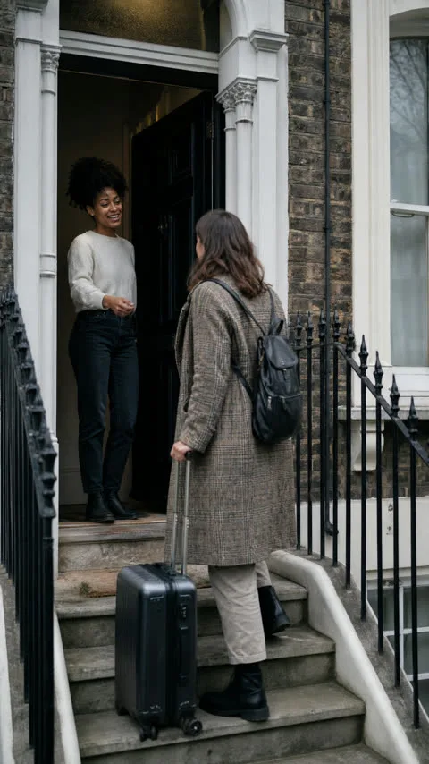 A host welcoming a guest with a suitcase at the front door of a London terrace
